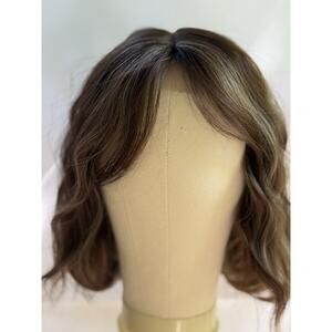 Human Hair Topper Brown Blonde Highlights Wavy Clip-In Crown Volume Natural Look